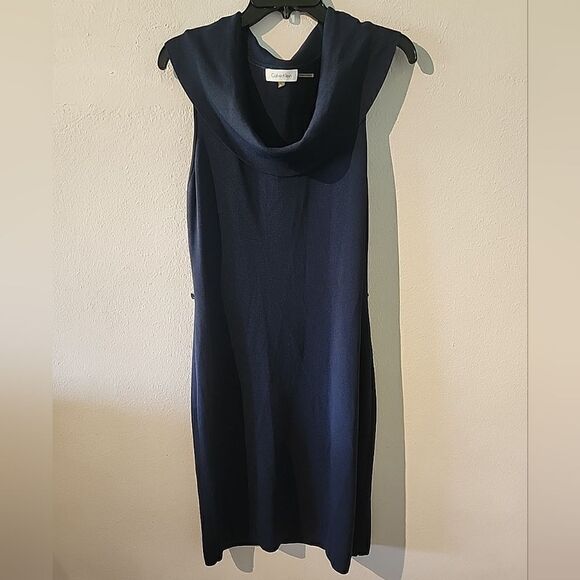 Calvin Klein Navy Blue Cowl Neck Sleevless Dress Size M MISSING BELT - Picture 1 of 5